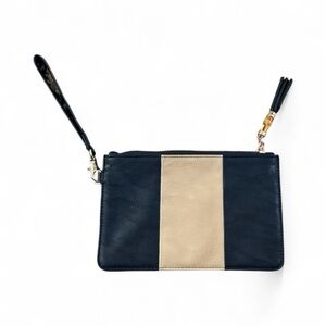 Navy Blue Tan Colorblock Toss Pebble Faux Leather Vegan Wristlet Preppy Clutch
